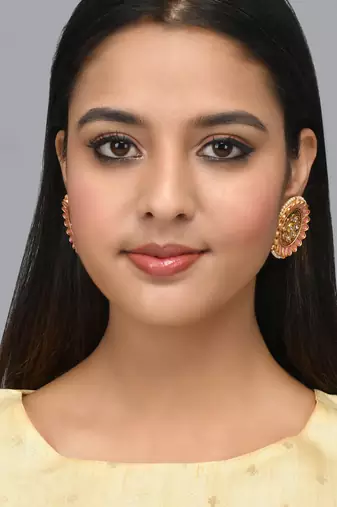 Luminous pink stone studded big round stud earrings copper gold plated for women & girls