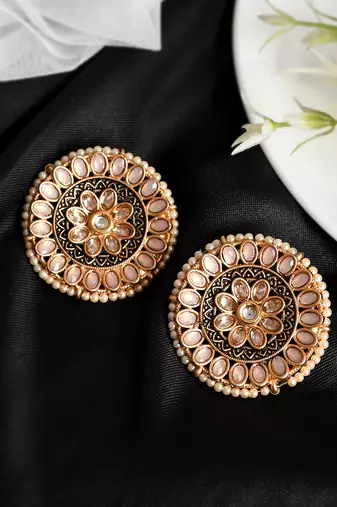 Luminous light pink stone studded big round stud earrings copper gold plated for women & girls