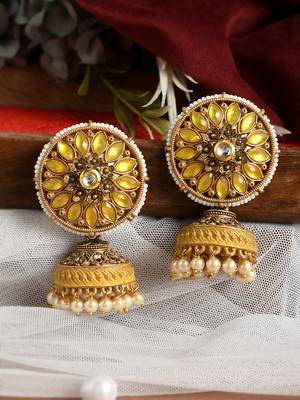 Luminous yellow stone studded big round stud with jhumkis earrings copper gold plated for women & girls 5
