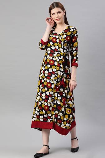 Geroo Jaipur Yellow & Black Kalamkari Hand Block Printed Rayon Sustainable Dress