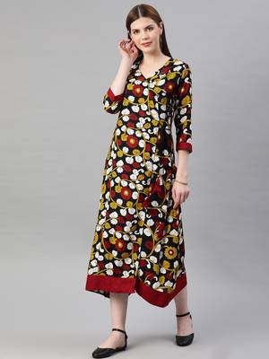  Yellow & Black Kalamkari Hand Block Printed Rayon Sustainable Dress 1