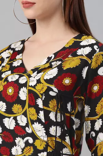   Yellow & Black Kalamkari Hand Block Printed Rayon Sustainable Dress
