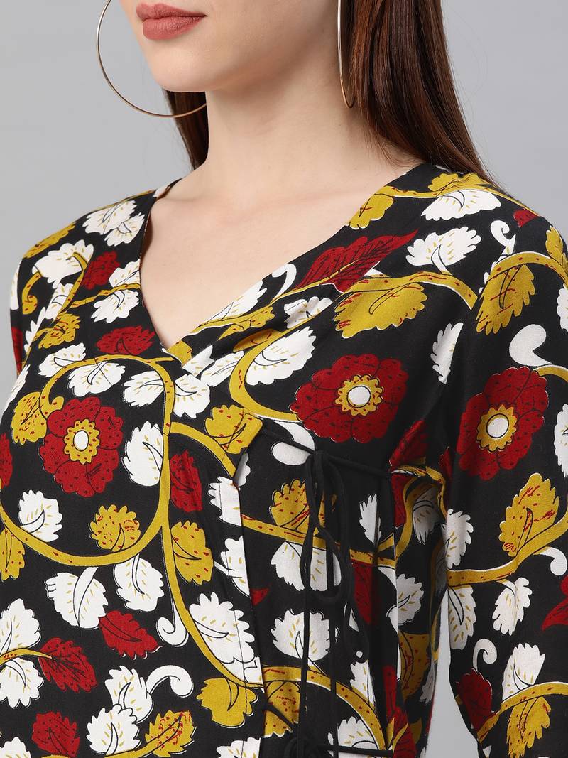 Geroo Jaipur Yellow & Black Kalamkari Hand Block Printed Rayon Sustainable Dress