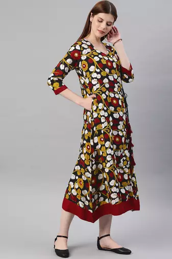   Yellow & Black Kalamkari Hand Block Printed Rayon Sustainable Dress