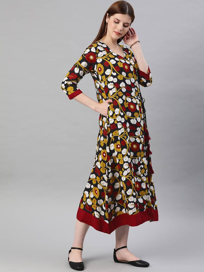 Geroo Jaipur Yellow & Black Kalamkari Hand Block Printed Rayon Sustainable Dress