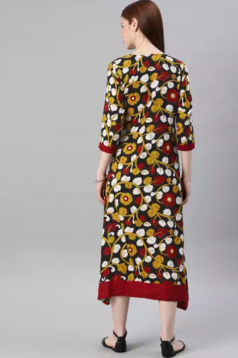   Yellow & Black Kalamkari Hand Block Printed Rayon Sustainable Dress