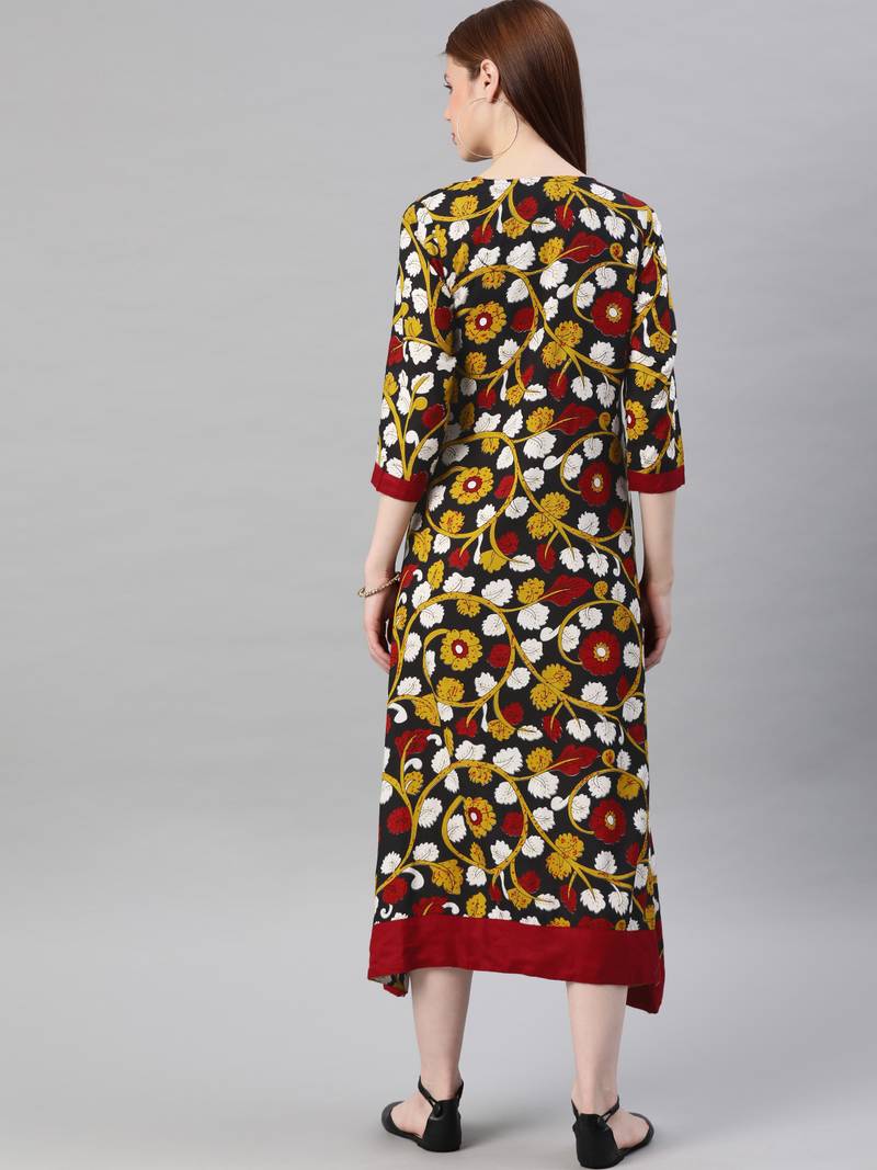 Geroo Jaipur Yellow & Black Kalamkari Hand Block Printed Rayon Sustainable Dress