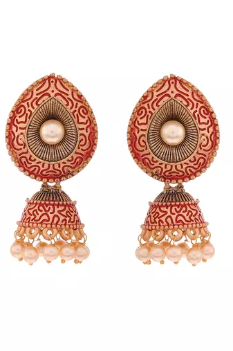 Meenakari red small jhumkis earrings copper gold plated for women & girls