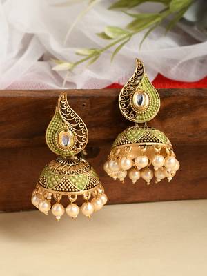 Meenakari  green jhumkis earrings copper gold plated for women & girls 5