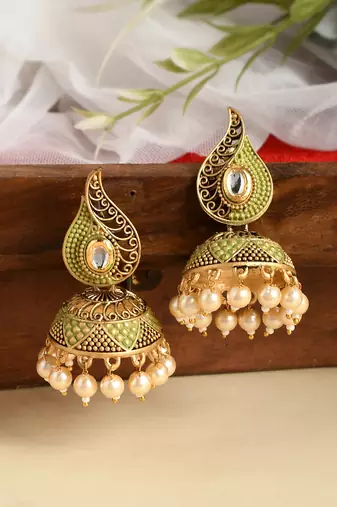 Meenakari  green jhumkis earrings copper gold plated for women & girls