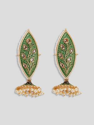 Meenakari leaf designed green jhumkis earrings copper gold plated for women & girls 5