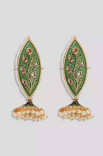 Meenakari leaf designed green jhumkis earrings copper gold plated for women & girls