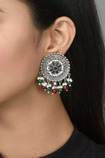 Oxidised silver ethnic drop earrings | red green circular big studs earrings copper for women & girls
