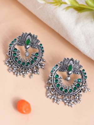 Oxidised lotus design ethnic drop earrings | green circular big studs earrings copper for women & girls 5