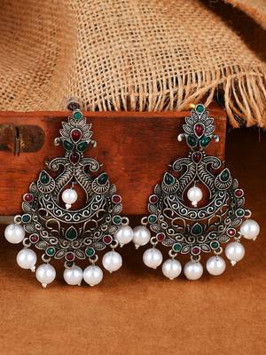 Eyecatching black silver peacock design drop earrings for women and girls 1