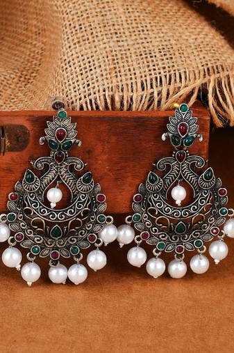 Eyecatching black silver peacock design drop earrings for women and girls