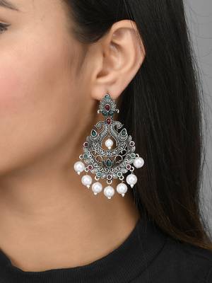 Eyecatching black silver peacock design drop earrings for women and girls 2