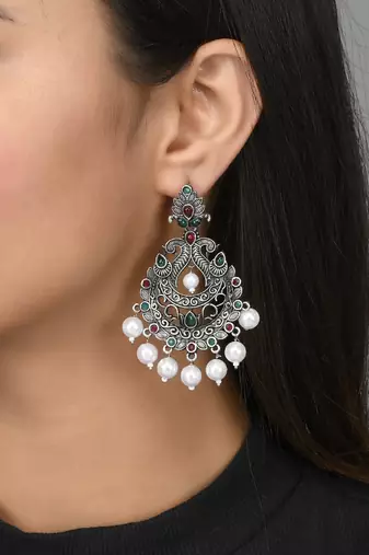Eyecatching black silver peacock design drop earrings for women and girls