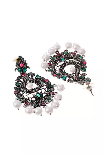 Eyecatching black silver peacock design drop earrings for women and girls