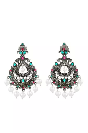 Eyecatching black silver peacock design drop earrings for women and girls