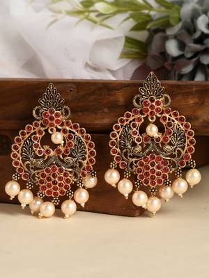 Mesmerizing red kemp stone pearls drop chandbalis traditional antique gold look drop earrings for women and girls 1