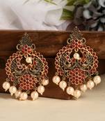 Mesmerizing red kemp stone pearls drop chandbalis traditional antique gold look drop earrings for women and girls