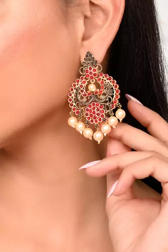 Mesmerizing red kemp stone pearls drop chandbalis traditional antique gold look drop earrings for women and girls