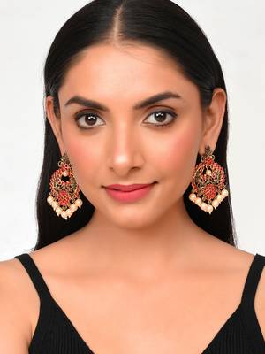 Mesmerizing red kemp stone pearls drop chandbalis traditional antique gold look drop earrings for women and girls 3