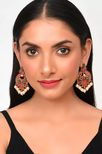 Mesmerizing red kemp stone pearls drop chandbalis traditional antique gold look drop earrings for women and girls