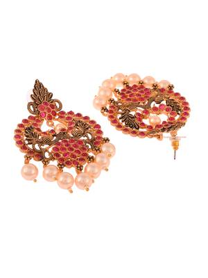 Mesmerizing red kemp stone pearls drop chandbalis traditional antique gold look drop earrings for women and girls 4