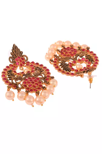 Mesmerizing red kemp stone pearls drop chandbalis traditional antique gold look drop earrings for women and girls