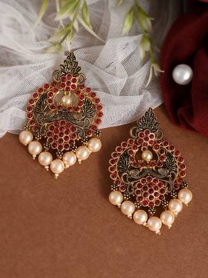Mesmerizing red kemp stone pearls drop chandbalis traditional antique gold look drop earrings for women and girls 5