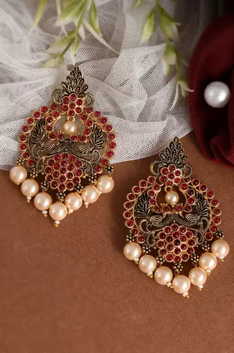 Mesmerizing red kemp stone pearls drop chandbalis traditional antique gold look drop earrings for women and girls