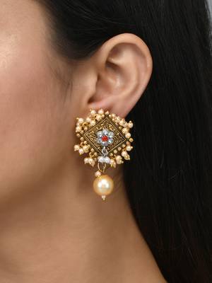 Traditional antique gold look red stone earrings embellished with pearls for women and girls 2