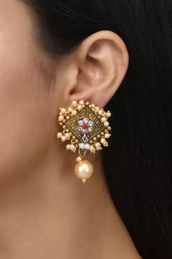Traditional antique gold look red stone earrings embellished with pearls for women and girls