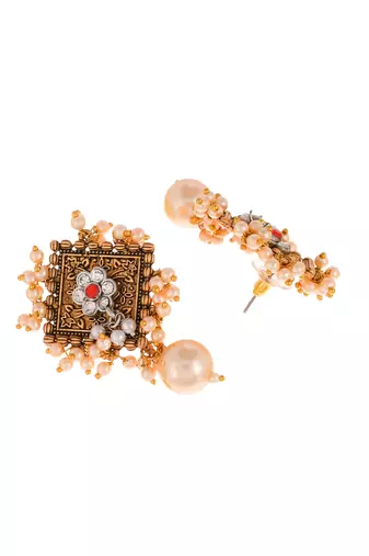 Traditional antique gold look red stone earrings embellished with pearls for women and girls