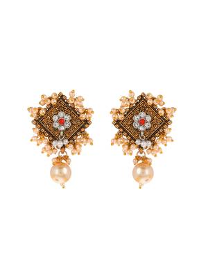 Traditional antique gold look red stone earrings embellished with pearls for women and girls 4