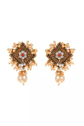 Traditional antique gold look red stone earrings embellished with pearls for women and girls