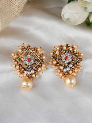 Traditional antique gold look red stone earrings embellished with pearls for women and girls 5