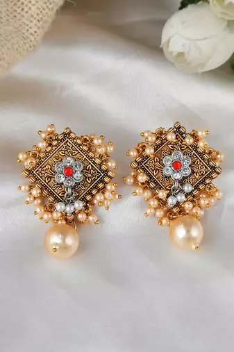 Traditional antique gold look red stone earrings embellished with pearls for women and girls