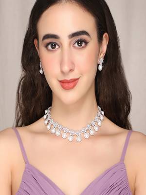 White brilliant cut american diamond jewellery set for women |  zircon necklace set rhodium plated for women & girls 1