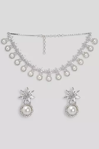 White brilliant cut american diamond jewellery set for women |  zircon necklace set rhodium plated for women & girls