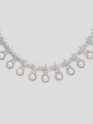 White brilliant cut american diamond jewellery set for women |  zircon necklace set rhodium plated for women & girls 3