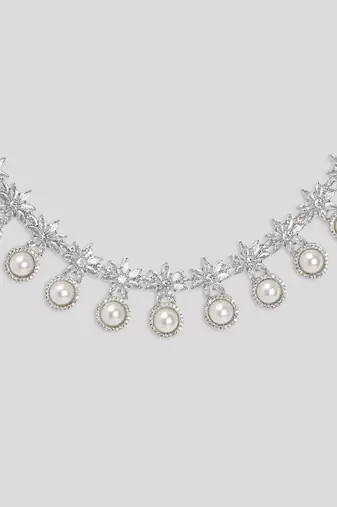 White brilliant cut american diamond jewellery set for women |  zircon necklace set rhodium plated for women & girls