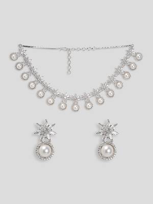 White brilliant cut american diamond jewellery set for women |  zircon necklace set rhodium plated for women & girls 5