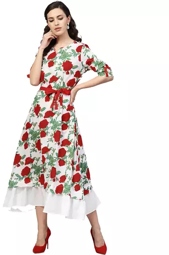   White & Red Floral Hand Block Printed Pure Cotton Sustainable Dress