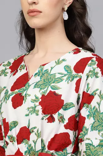   White & Red Floral Hand Block Printed Pure Cotton Sustainable Dress