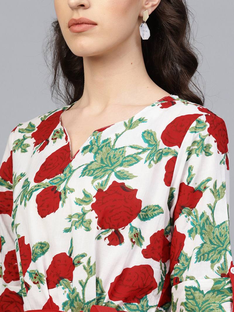 Geroo Jaipur White & Red Floral Hand Block Printed Pure Cotton Sustainable Dress
