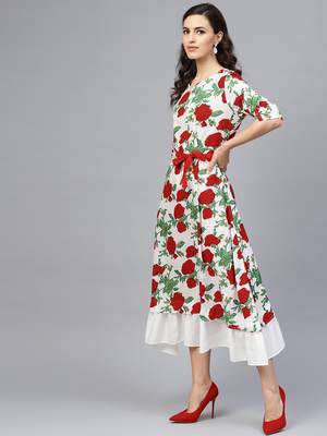   White & Red Floral Hand Block Printed Pure Cotton Sustainable Dress 4