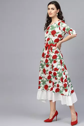   White & Red Floral Hand Block Printed Pure Cotton Sustainable Dress